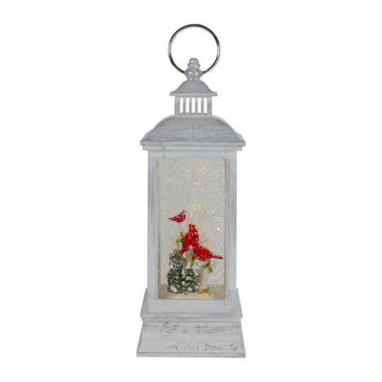 11" White & Brushed Silver Christmas Cardinals Snow Globe Lantern